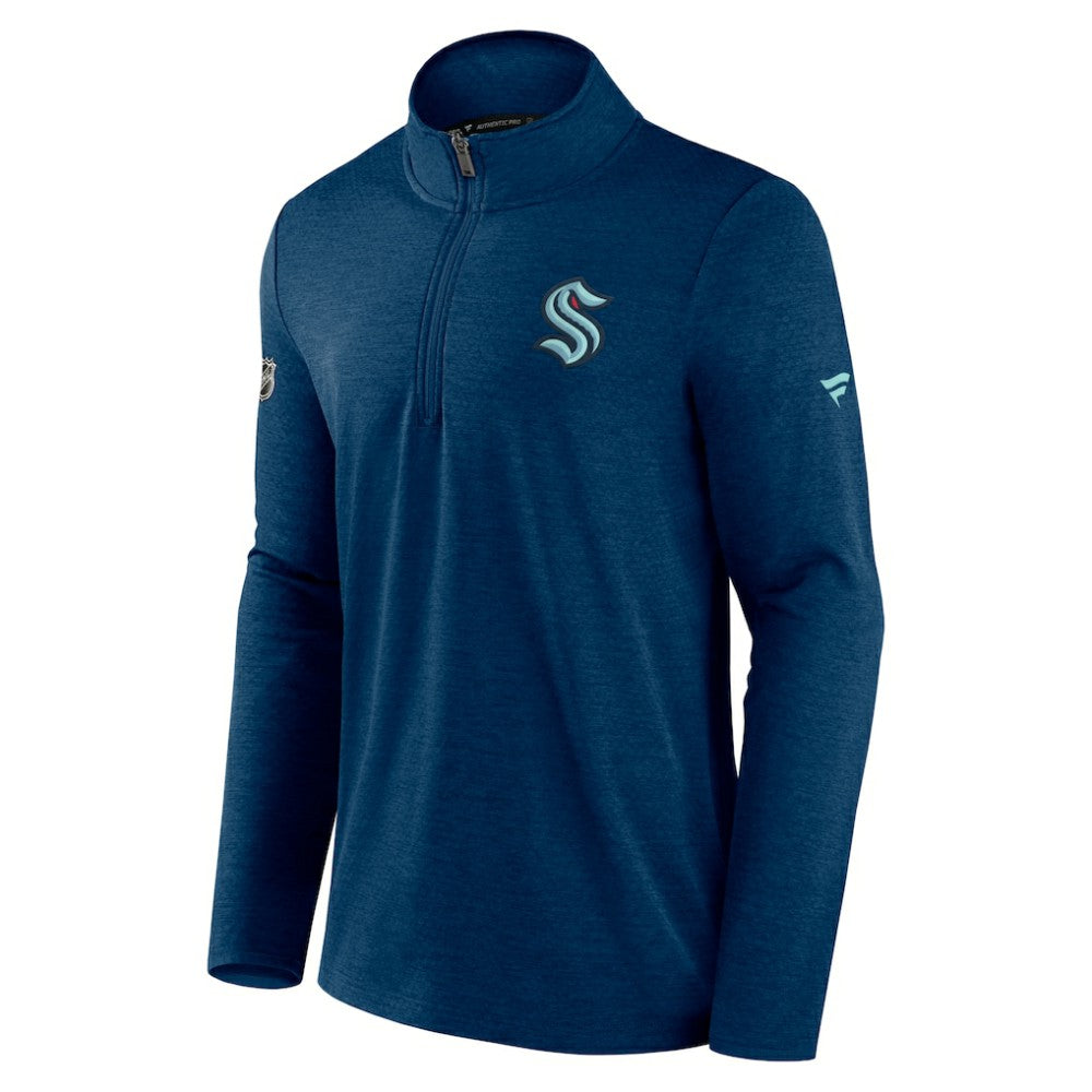 Seattle Kraken Fanatics Authentic Pro Rink Quartet-Zip Jacket Heather Deep Sea Blue