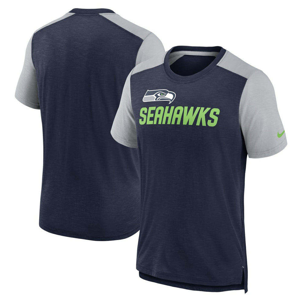 Seattle Seahawks Color Block Team Name T-Shirt - Heathered College Navy/Heathered Gray | Nike sale