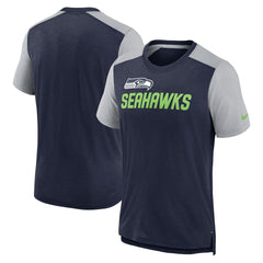 Seattle Seahawks Color Block Team Name T-Shirt - Heathered College Navy/Heathered Gray | Nike sale