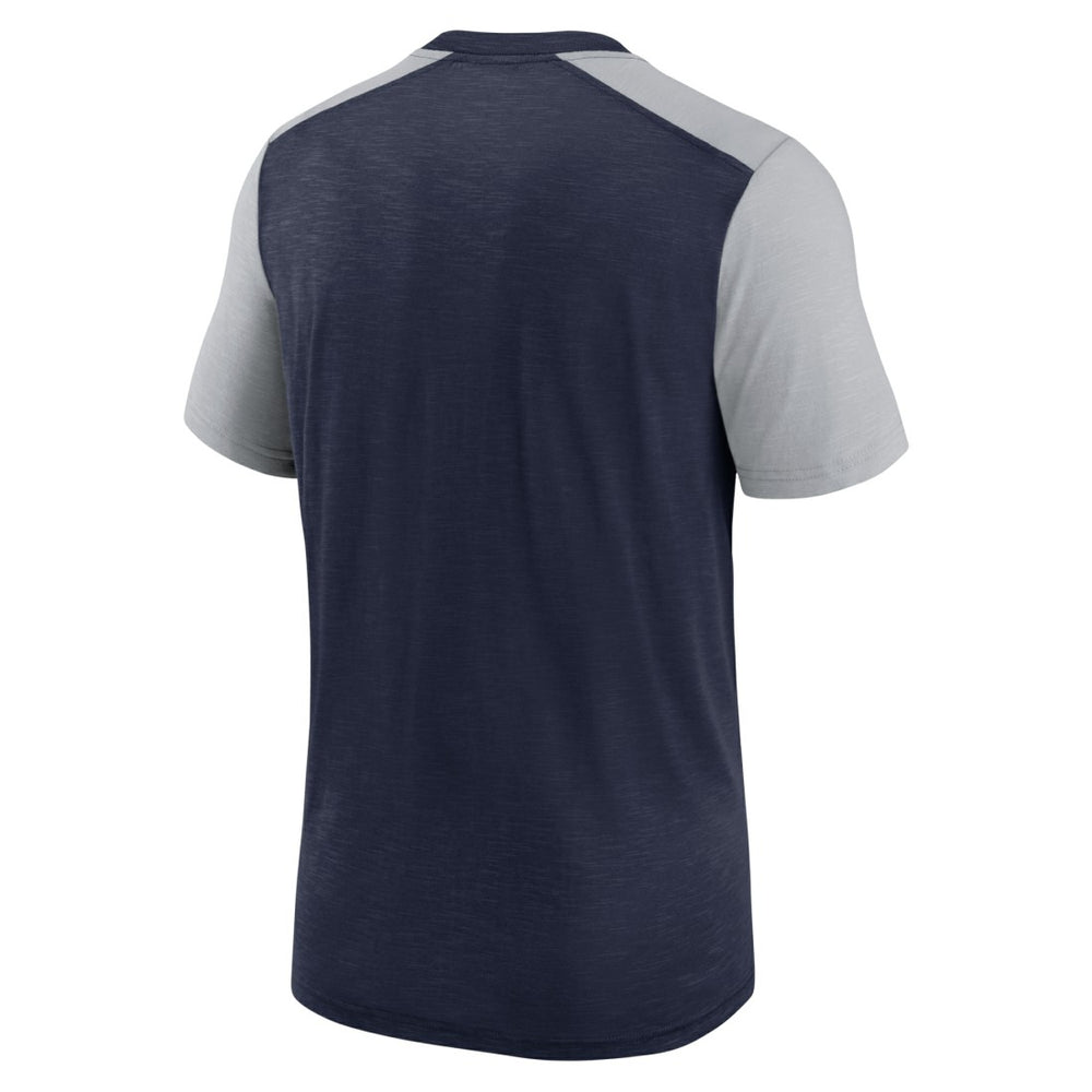 Seattle Seahawks Color Block Team Name T-Shirt - Heathered College Navy/Heathered Gray | Nike sale