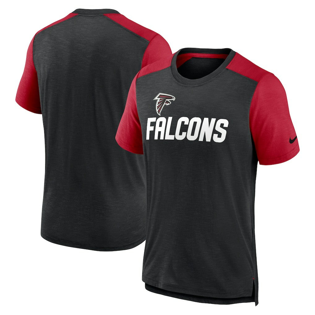 Atlanta Falcons Color Block Team Name T-Shirt - Heathered Black/Heathered Red | Nike on sale