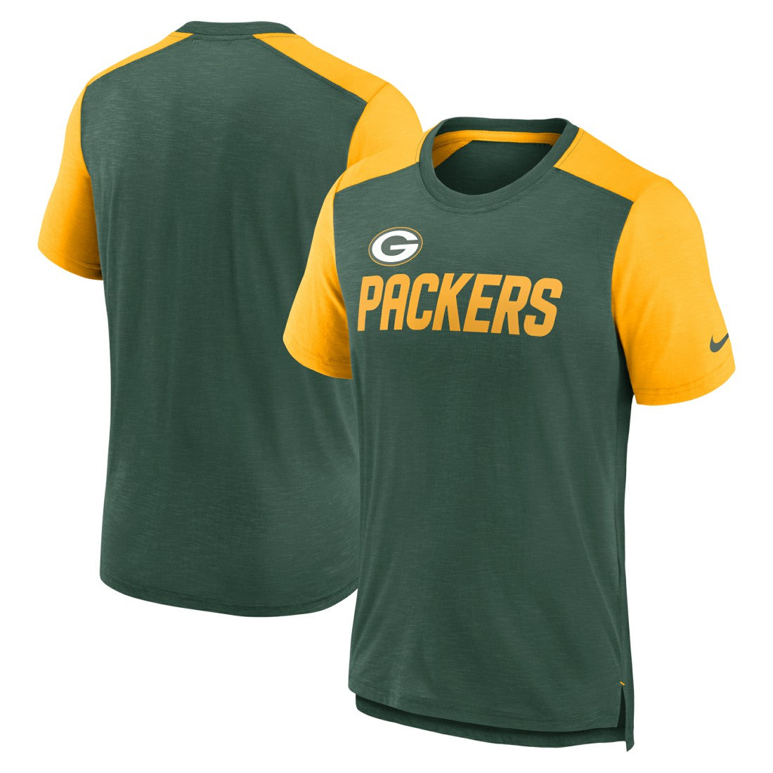 Green Bay Packers Color Block Team Name T-Shirt - Heathered Green/Heathered Gold | Nike discount