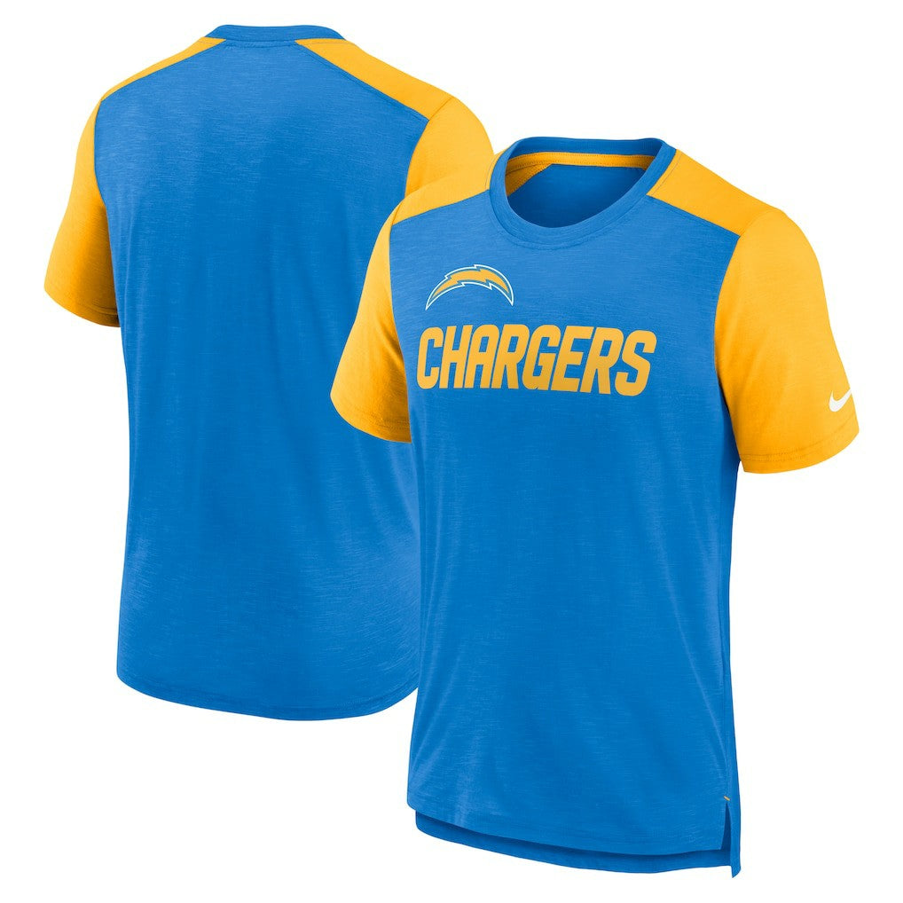 Los Angeles Chargers Color Block Team Name T-Shirt - Heathered Powder Blue/Heathered Gold | Nike sale