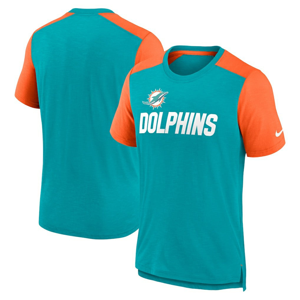 Miami Dolphins Color Block Team Name T-Shirt - Heathered Aqua/Heathered Orange | Nike outlet