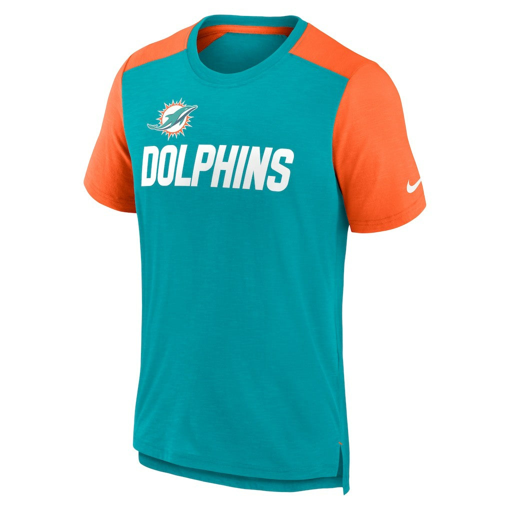 Miami Dolphins Color Block Team Name T-Shirt - Heathered Aqua/Heathered Orange | Nike outlet