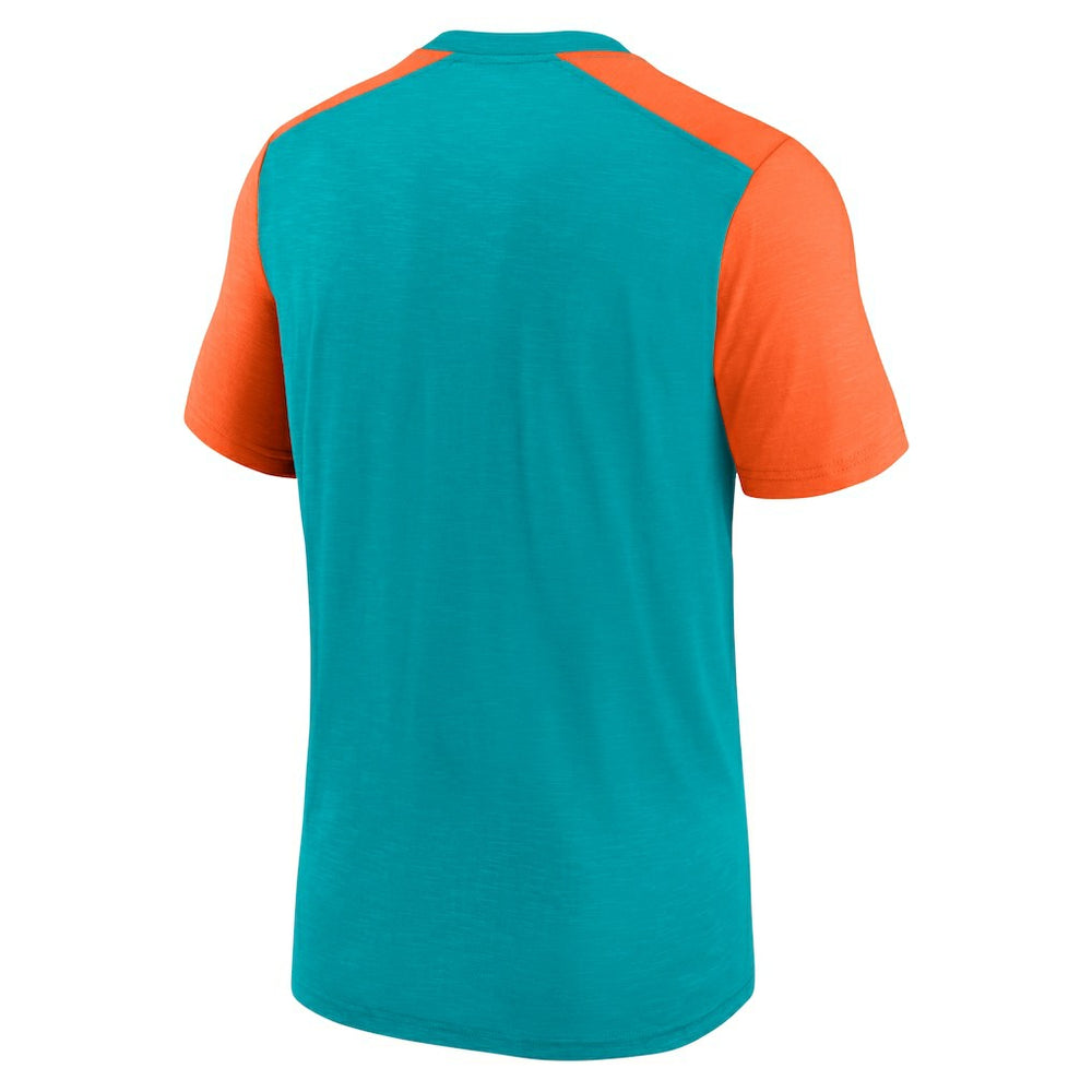 Miami Dolphins Color Block Team Name T-Shirt - Heathered Aqua/Heathered Orange | Nike outlet