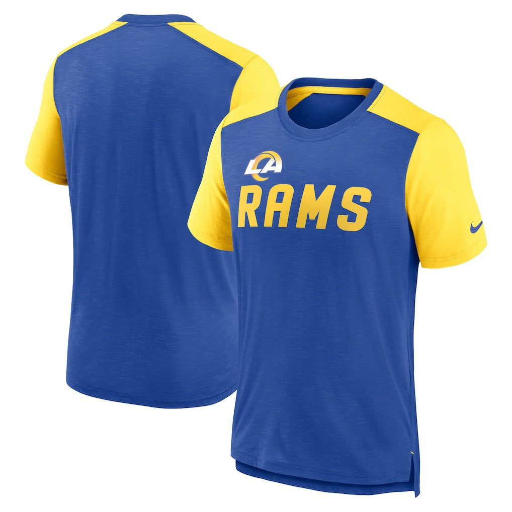 Los Angeles Rams Color Block Team Name T-Shirt - Heathered Royal/Heathered Gold | Nike sale