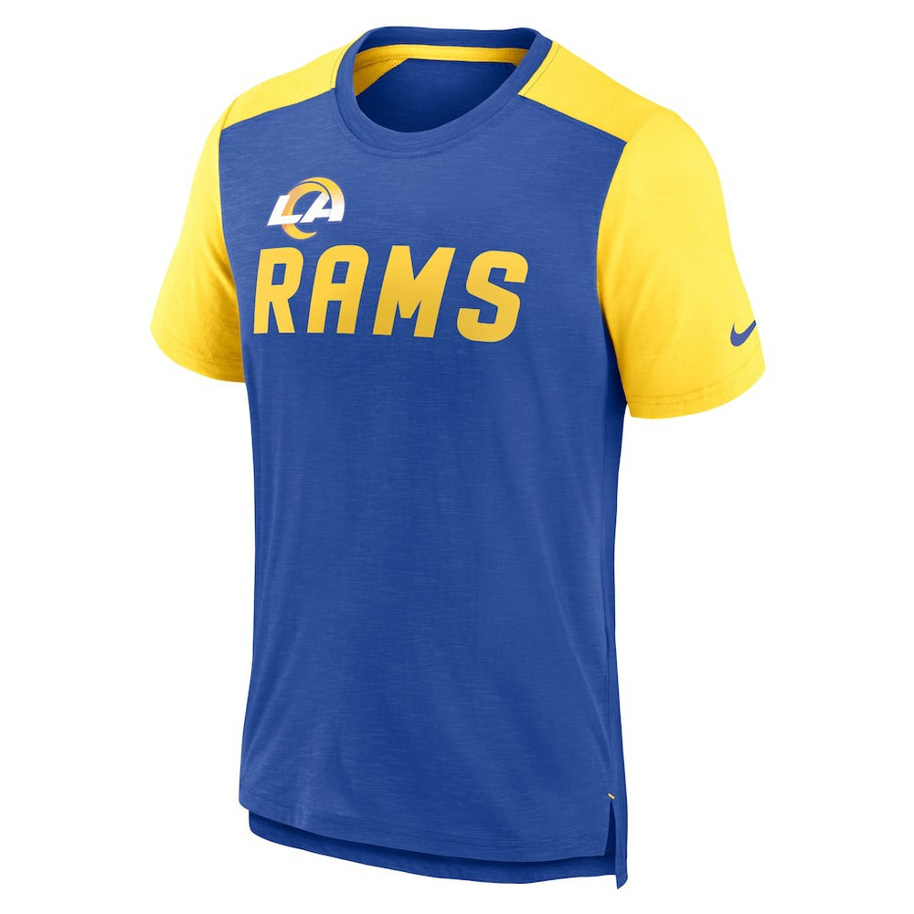 Los Angeles Rams Color Block Team Name T-Shirt - Heathered Royal/Heathered Gold | Nike sale