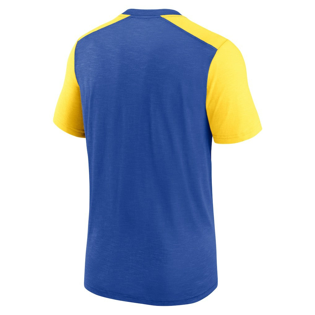 Los Angeles Rams Color Block Team Name T-Shirt - Heathered Royal/Heathered Gold | Nike sale