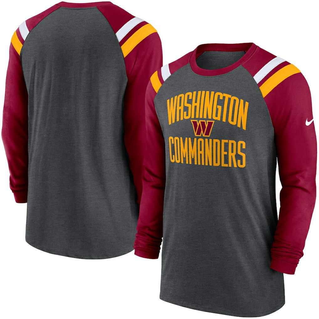 Washington Commanders Tri-Blend Raglan Athletic Long Sleeve Fashion T-Shirt - Heathered Charcoal/Burgundy | Nike online