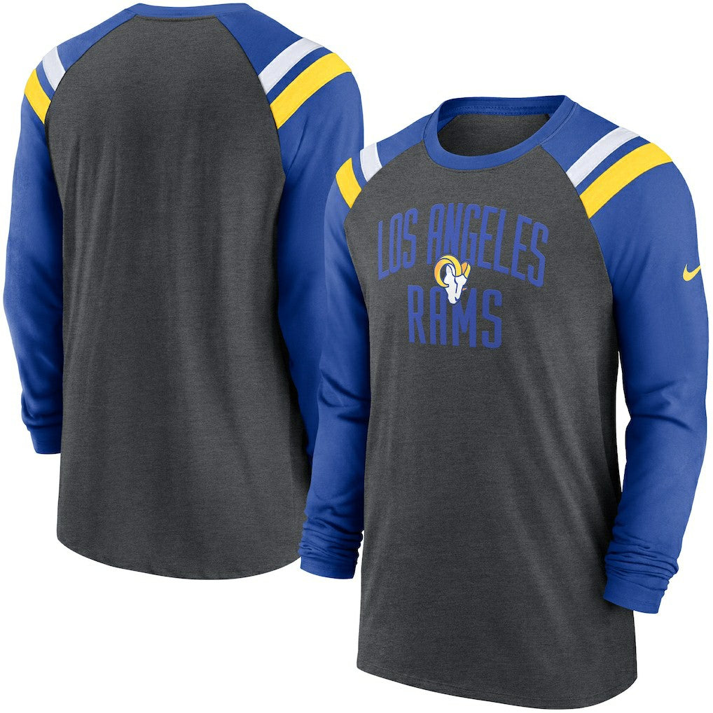 Los Angeles Rams Tri-Blend Raglan Athletic Long Sleeve Fashion T-Shirt - Heathered Charcoal/Royal | Nike online
