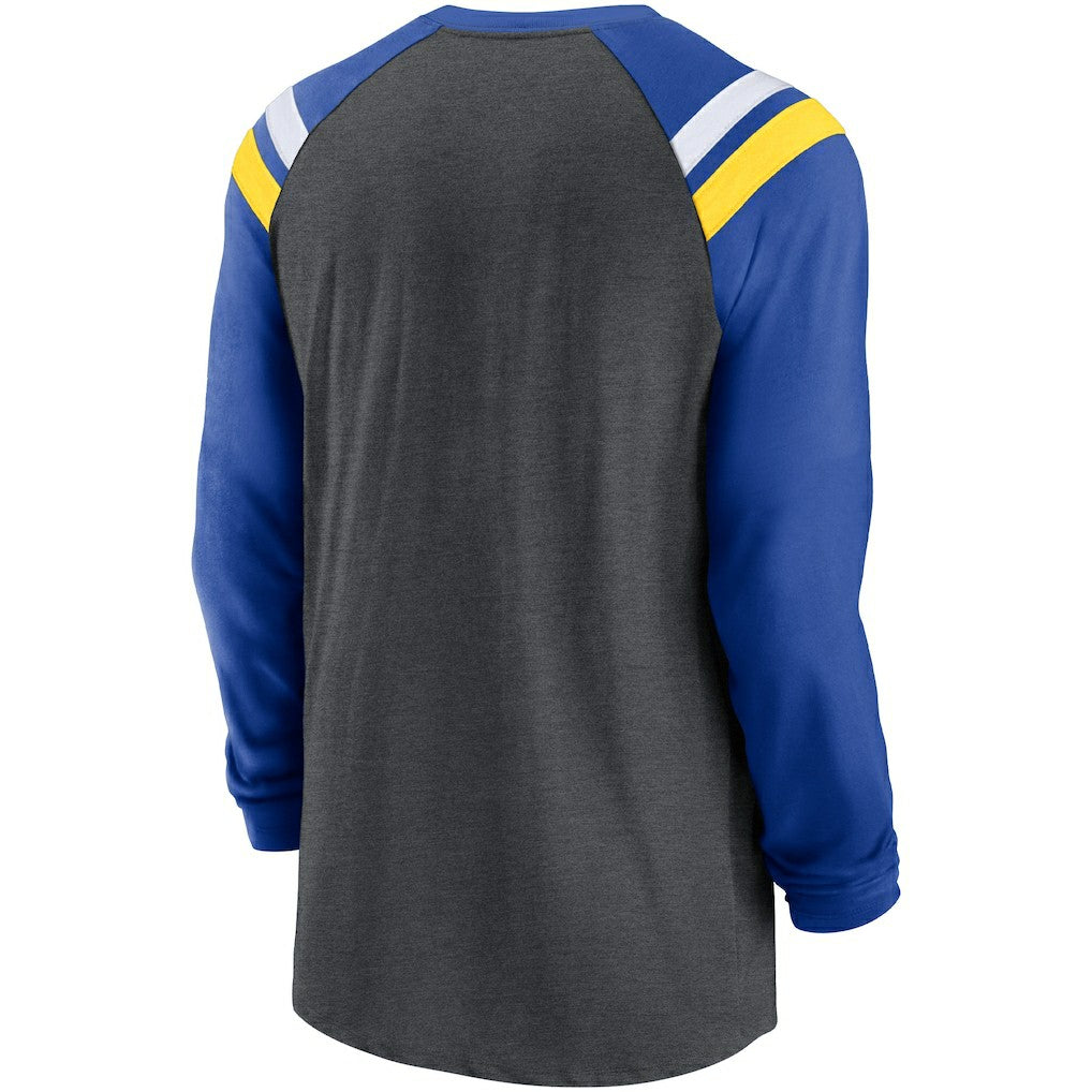 Los Angeles Rams Tri-Blend Raglan Athletic Long Sleeve Fashion T-Shirt - Heathered Charcoal/Royal | Nike online