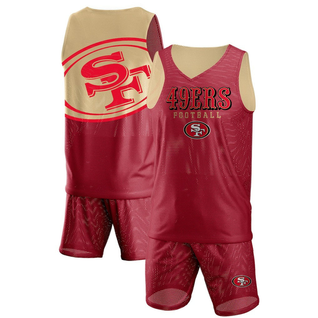 San Francisco 49ers FOCO Colorblock Mesh V-Neck & Shorts Set - Scarlet cheap