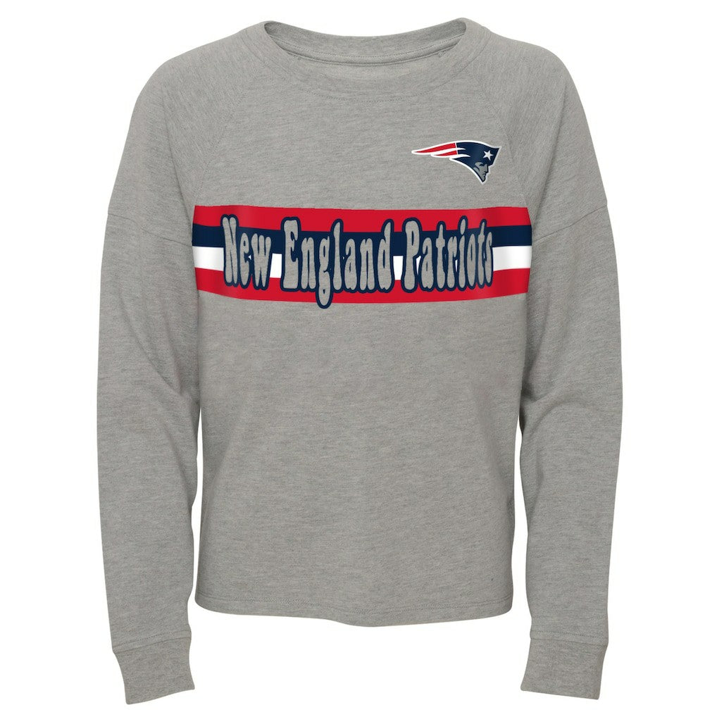 New England Patriots Juniors All Striped Up Raglan Long Sleeve T-Shirt - Heathered Gray on sale