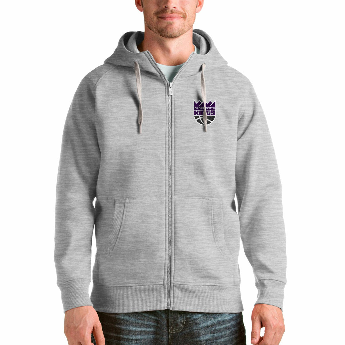 Sacramento Kings Antigua Logo Victory Full-Zip Hoodie - Heathered Gray for sale