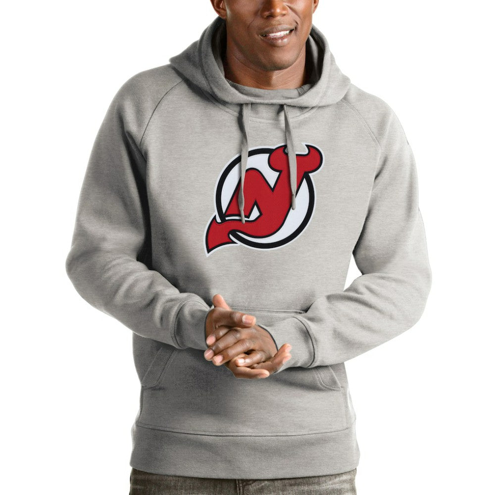 New Jersey Devils Antigua Logo Victory Pullover Hoodie Heathered Gray