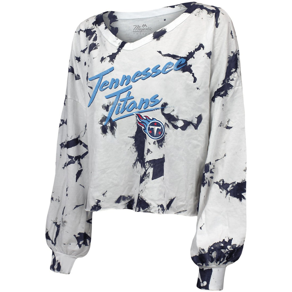 Tennessee Titans Majestic Threads Women's Off-Shoulder Tie-Dye V-Neck Long Sleeve T-Shirt - White/Navy discount