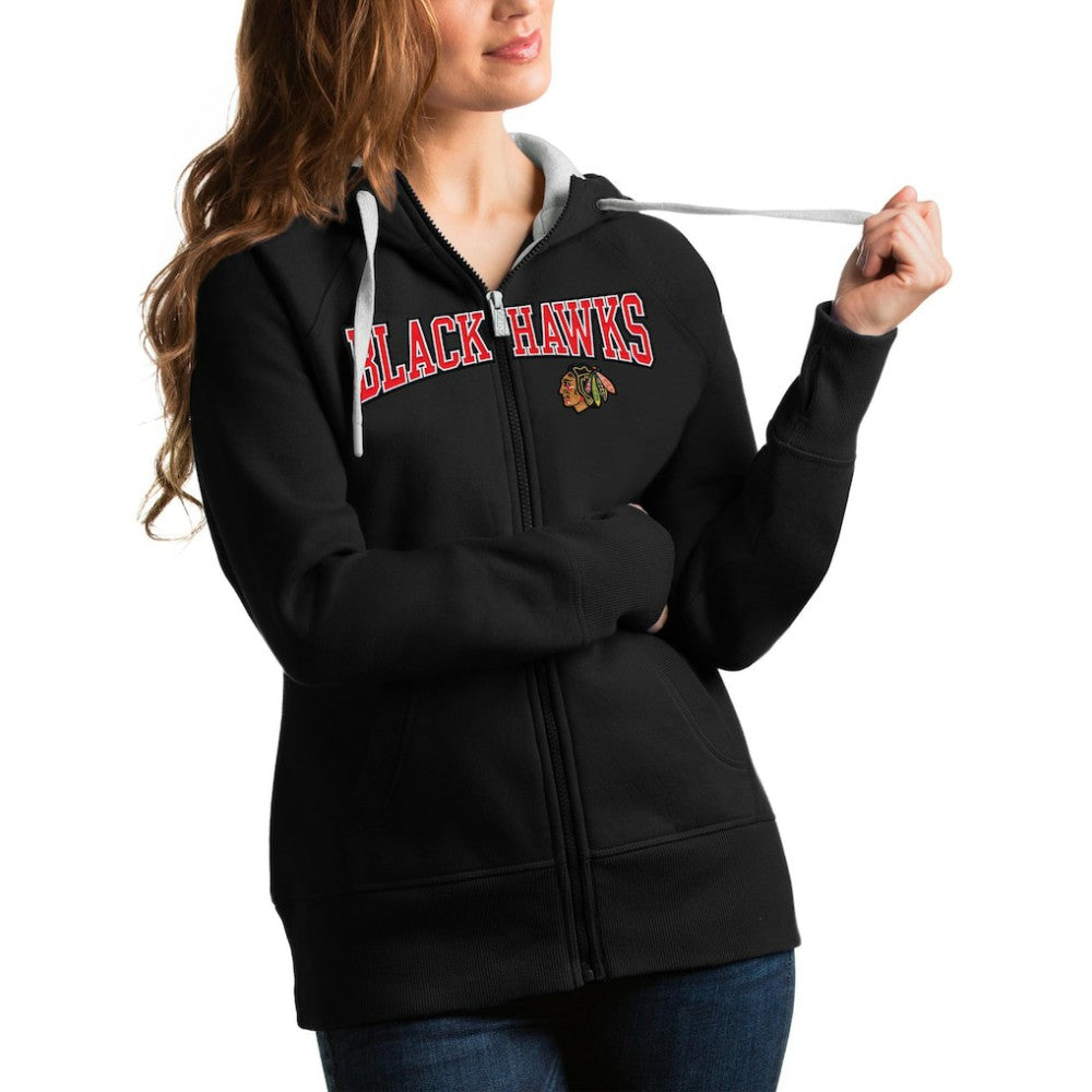 Chicago Blackhawks Antigua Women's Wordmark Victory Full-Zip Hoodie Black