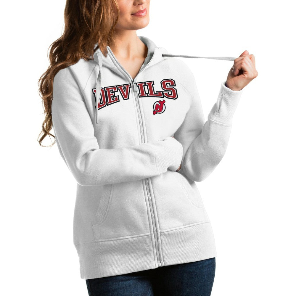 New Jersey Devils Antigua Women's Wordmark Victory Full-Zip Hoodie White