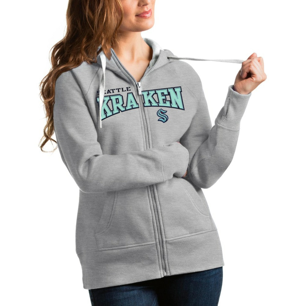Seattle Kraken Antigua Women's Wordmark Victory Full-Zip Hoodie Heathered Gray