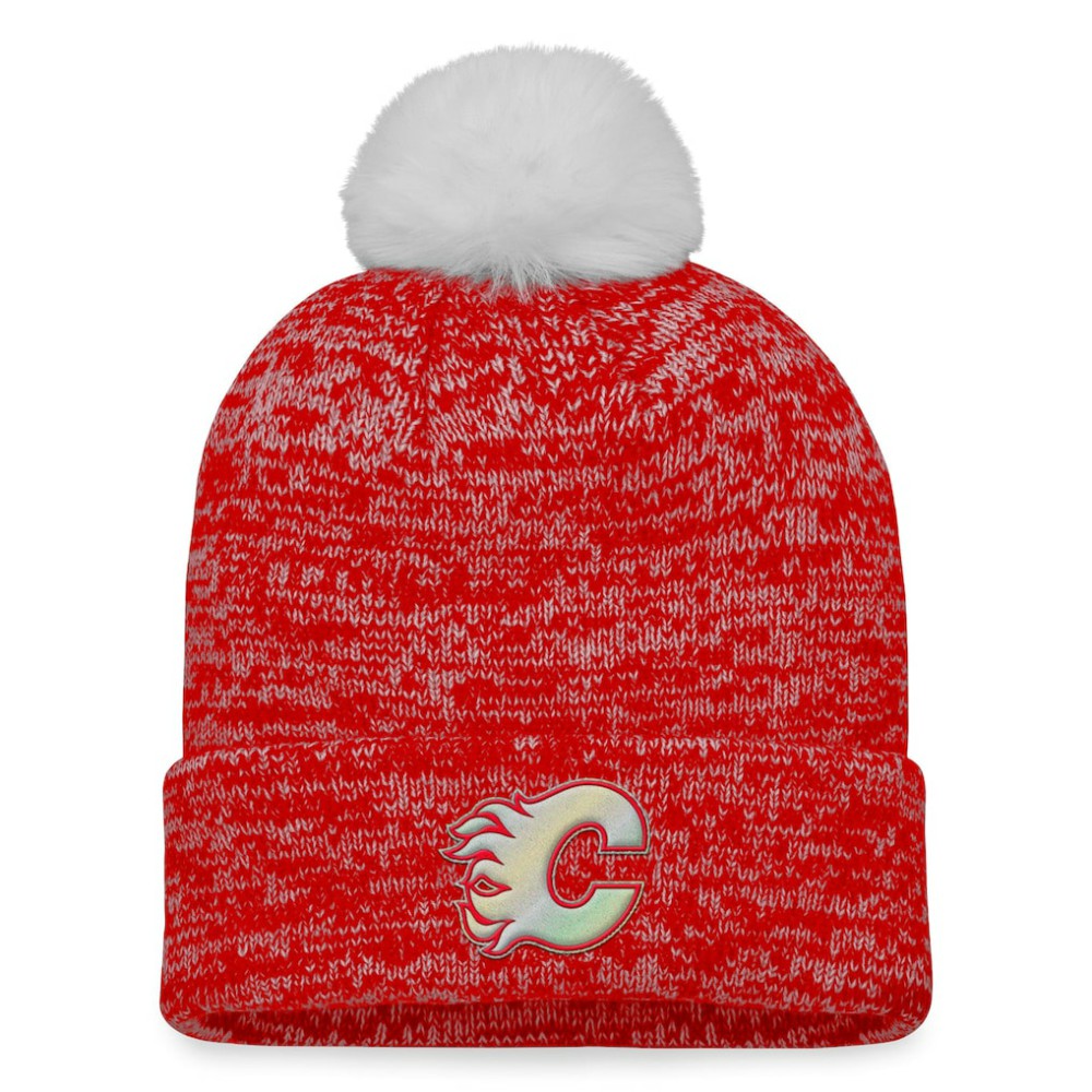 Calgary Flames Fanatics Women's Glimmer Cuffed Knit Hat with Pom Red
