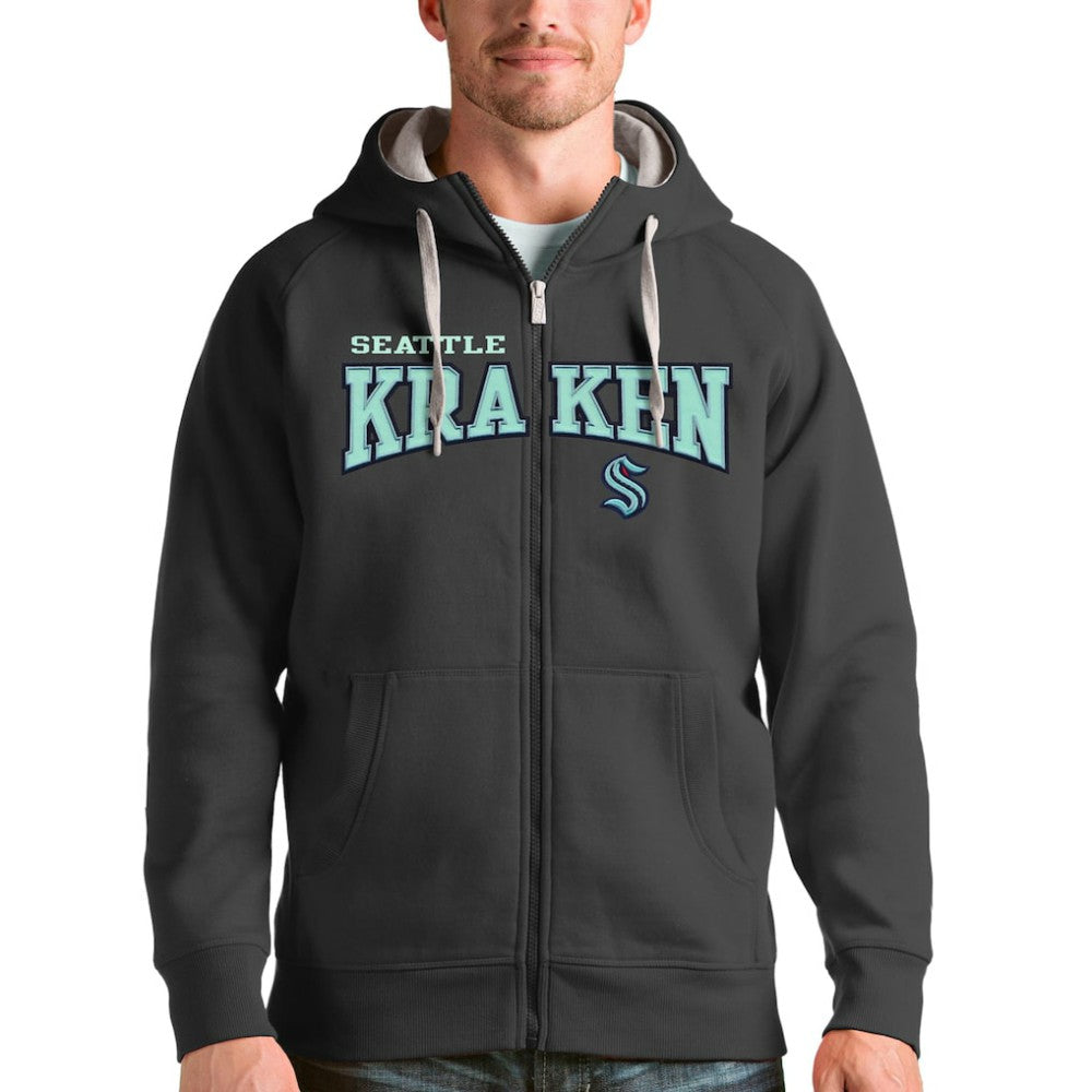 Seattle Kraken Antigua Wordmark Victory Full-Zip Hoodie Charcoal