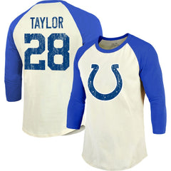 Jonathan Taylor Indianapolis Colts Majestic Threads Vintage Player Name & Number Raglan 3/4-Sleeve T-Shirt - Cream/Royal for sale