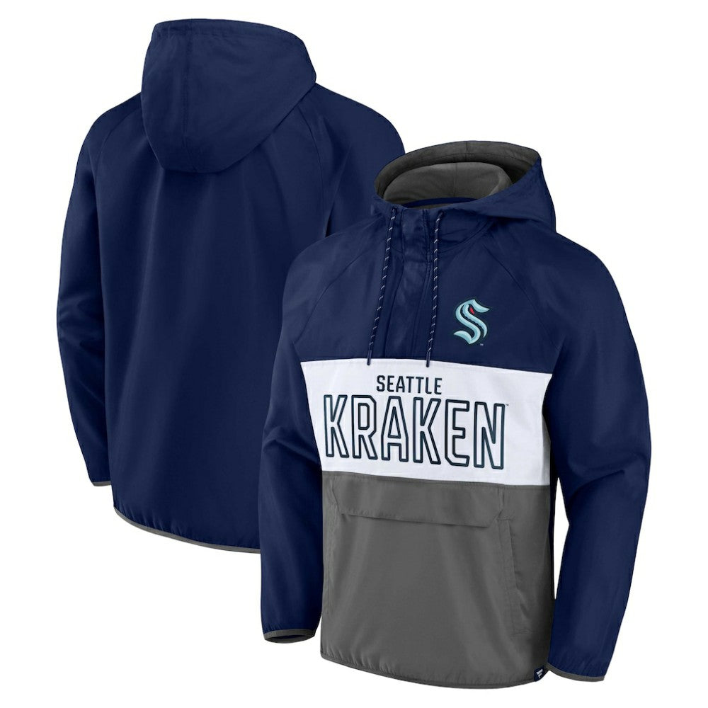 Seattle Kraken Fanatics Backhand Shooter Defender Anorak Raglan Hoodie Quarter-Zip Jacket Deep Sea Blue/Gray