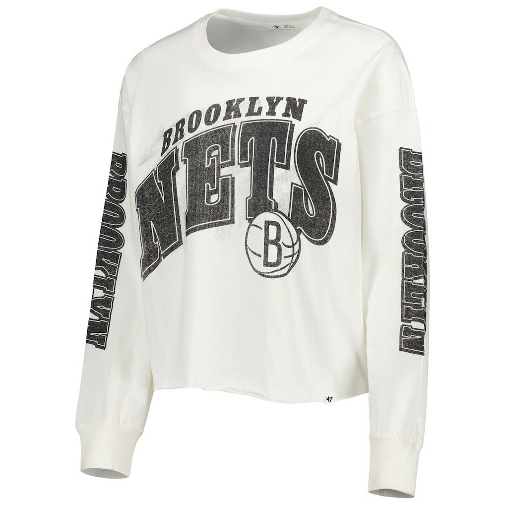Brooklyn Nets '47 Women's Parkway Brush Back Long Sleeve Cropped T-Shirt - Cream | 47 brand outlet
