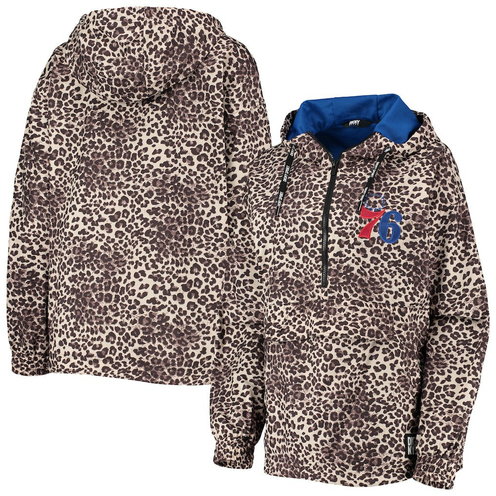 Philadelphia 76ers DKNY Sport Women's Gabriella Windbreaker Half-Zip Hoodie - Leopard on sale