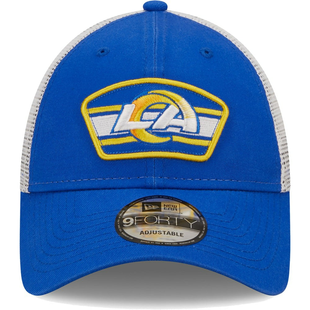 Los Angeles Rams New Era Logo Patch Trucker 9FORTY Snapback Hat - Royal/White on sale