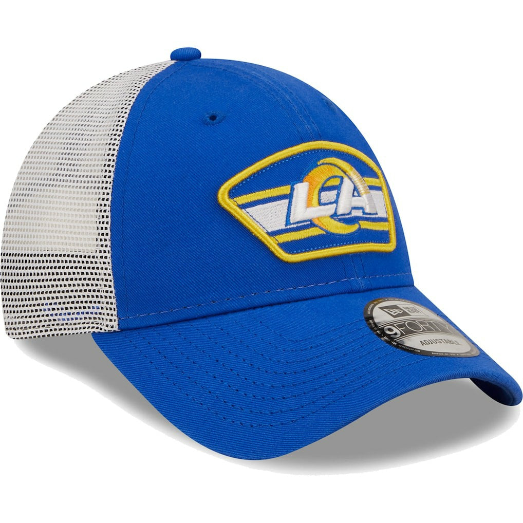 Los Angeles Rams New Era Logo Patch Trucker 9FORTY Snapback Hat - Royal/White on sale