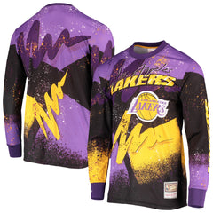 Los Angeles Lakers Hardwood Classics Hyper Hoops Moto Sublimated Long Sleeve T-Shirt - Purple | Mitchell & Ness on sale