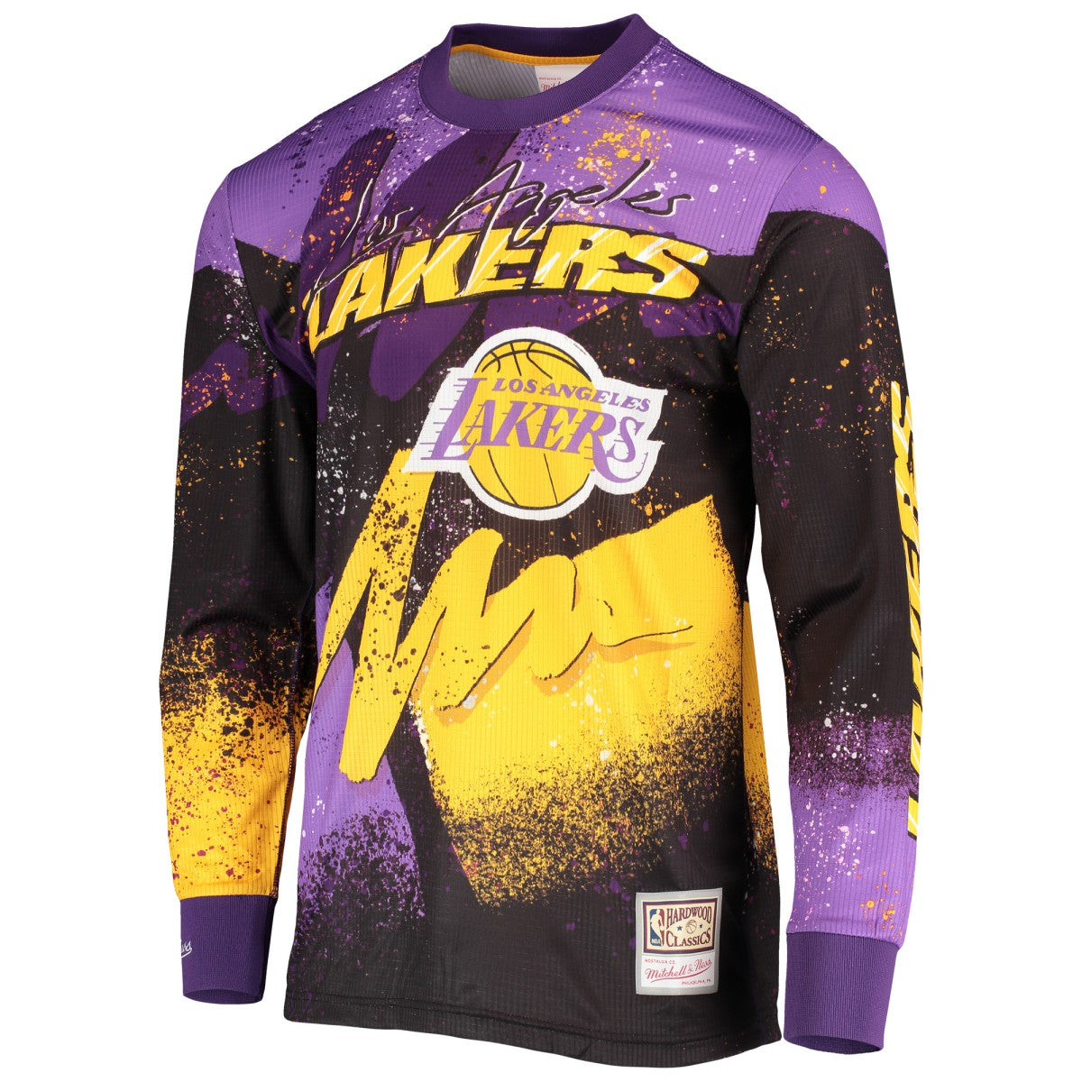 Los Angeles Lakers Hardwood Classics Hyper Hoops Moto Sublimated Long Sleeve T-Shirt - Purple | Mitchell & Ness on sale
