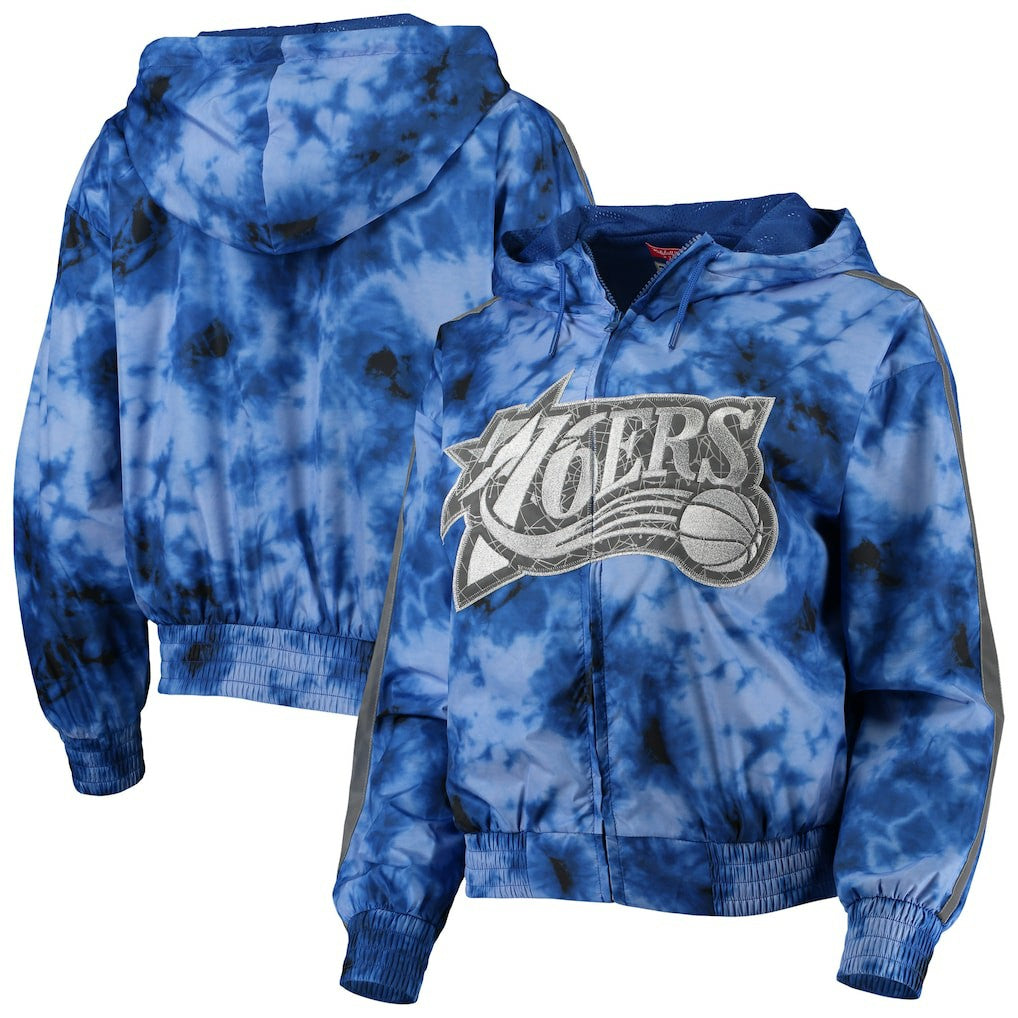 Philadelphia 76ers Women's Galaxy Sublimated Windbreaker Pullover Full-Zip Hoodie - Royal | Mitchell & Ness discount