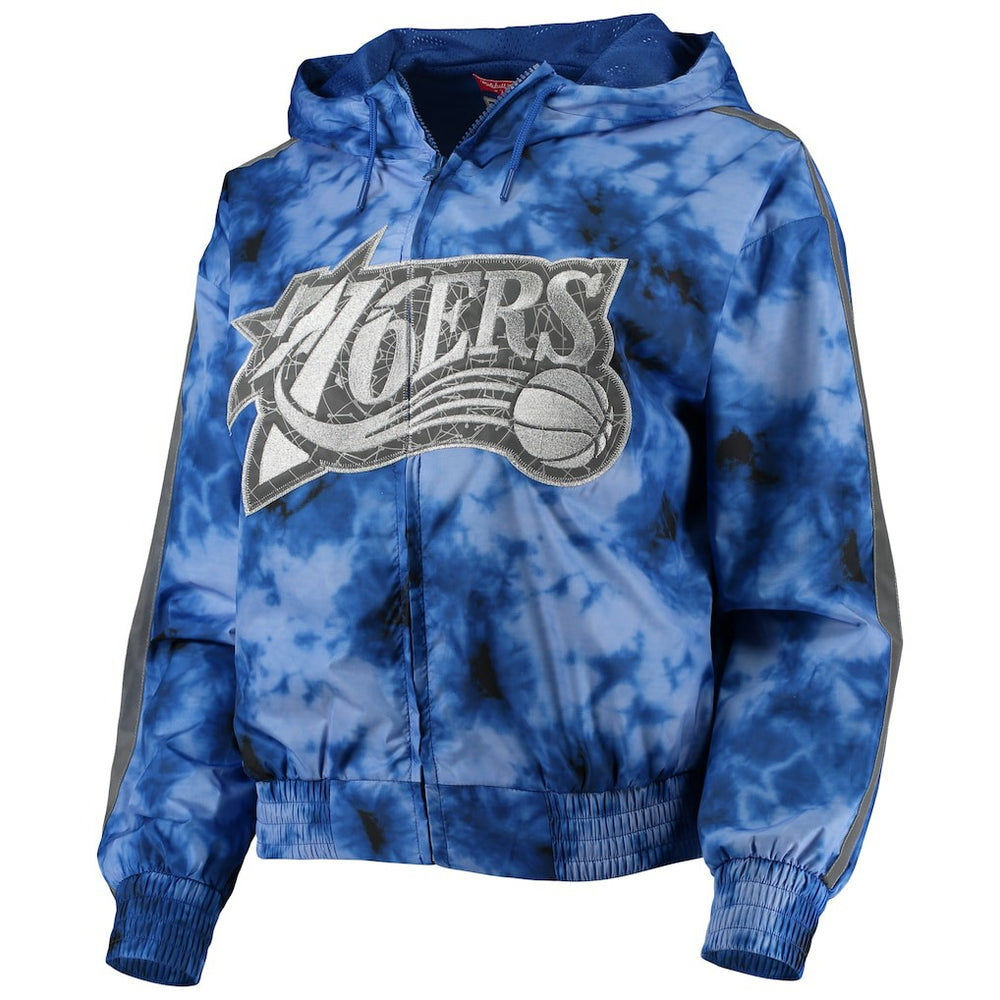 Philadelphia 76ers Women's Galaxy Sublimated Windbreaker Pullover Full-Zip Hoodie - Royal | Mitchell & Ness discount
