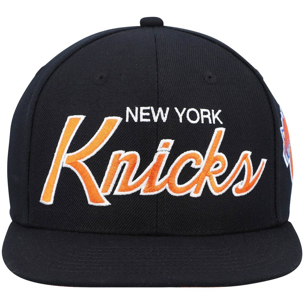 New York Knicks Hardwood Classics Script 2.0 Snapback Hat - Black | Mitchell & Ness sale
