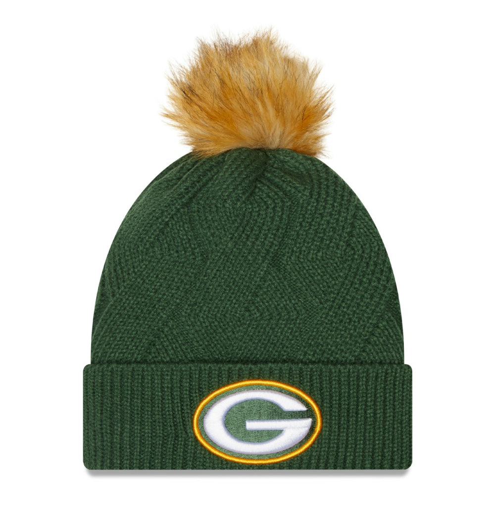 Green Bay Packers New Era Women's Snowy Cuffed Knit Hat with Pom - Green for sale