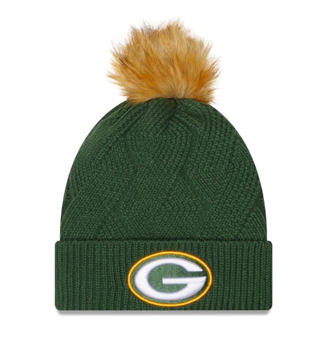 Green Bay Packers New Era Women's Snowy Cuffed Knit Hat with Pom - Green for sale