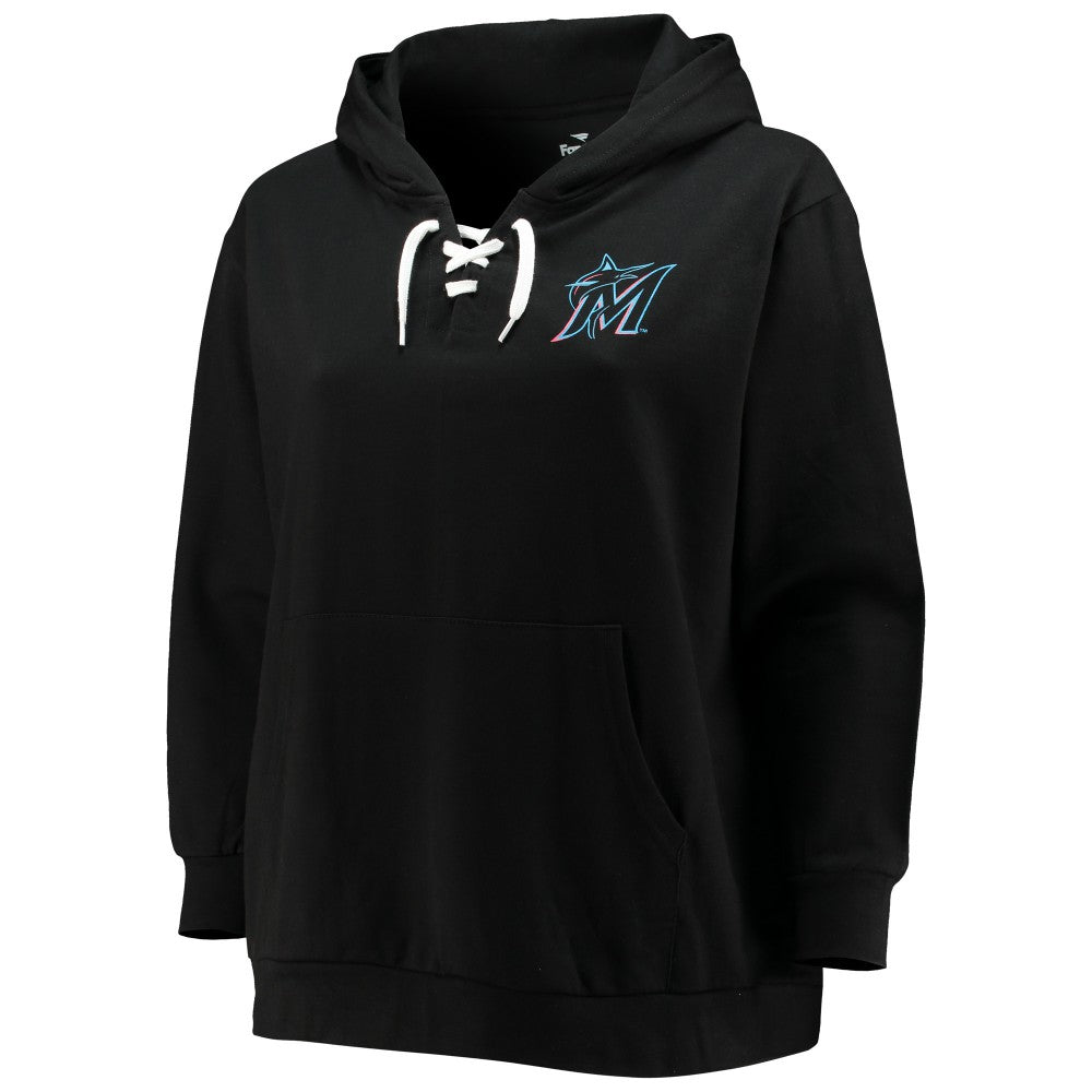 Miami Marlins Women's Plus Size Lace-Up V-Neck Pullover Hoodie - Black