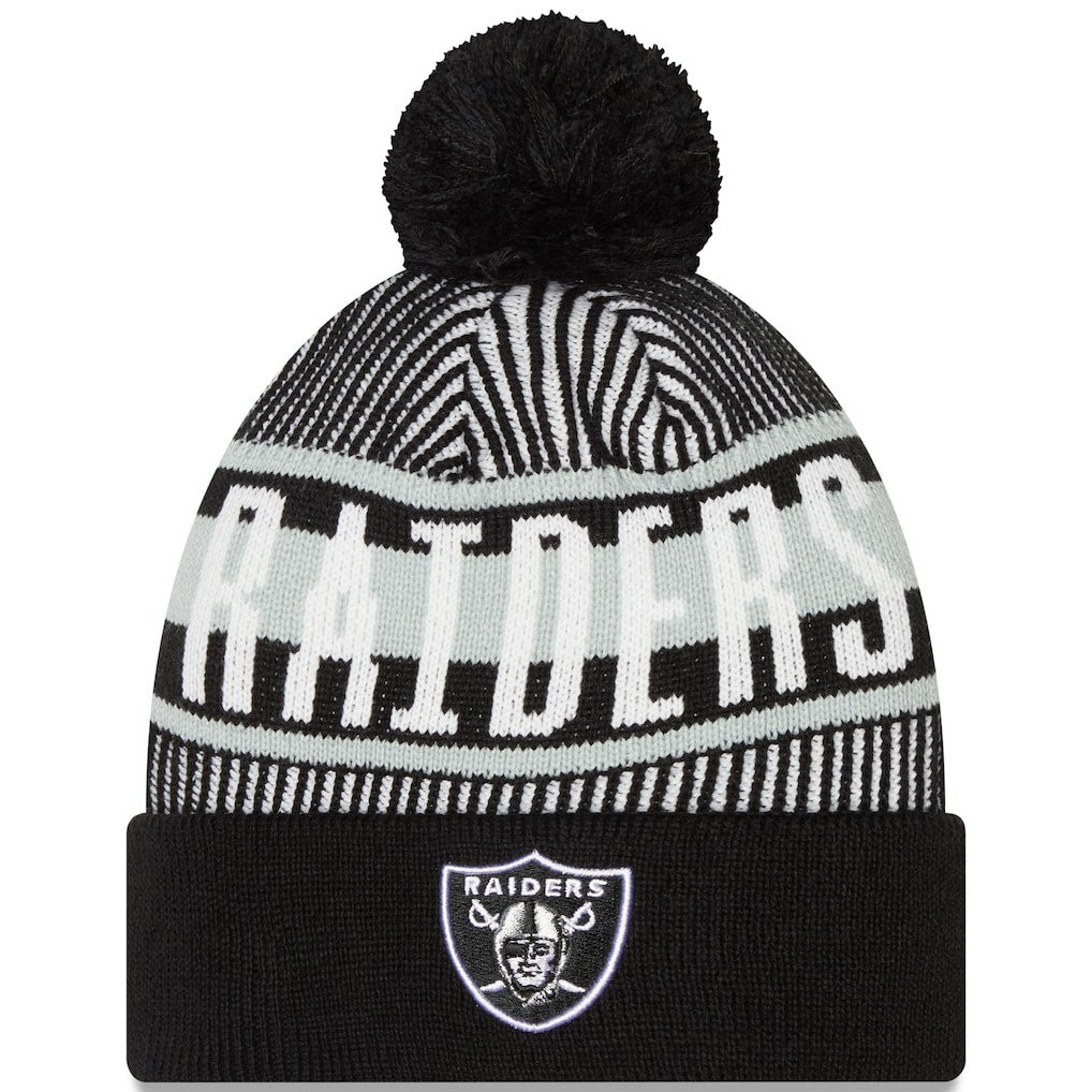 Las Vegas Raiders New Era Striped Cuffed Knit Hat with Pom - Black outlet