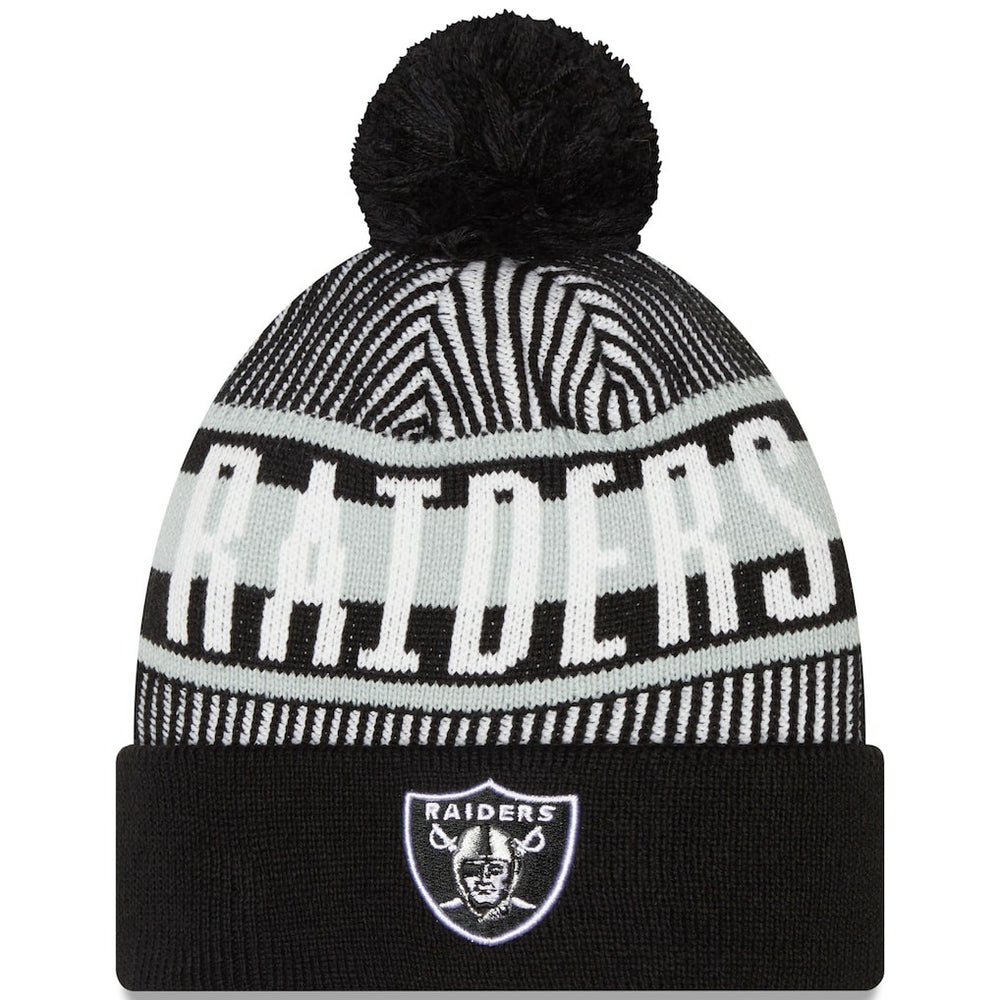 Las Vegas Raiders New Era Striped Cuffed Knit Hat with Pom - Black outlet