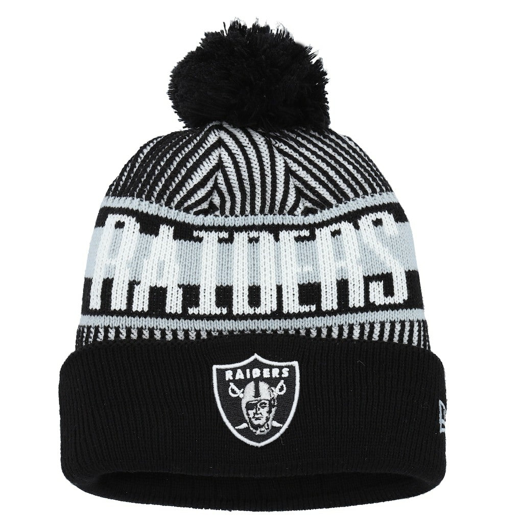 Las Vegas Raiders New Era Youth Striped Cuffed Knit Hat with Pom - Black sale