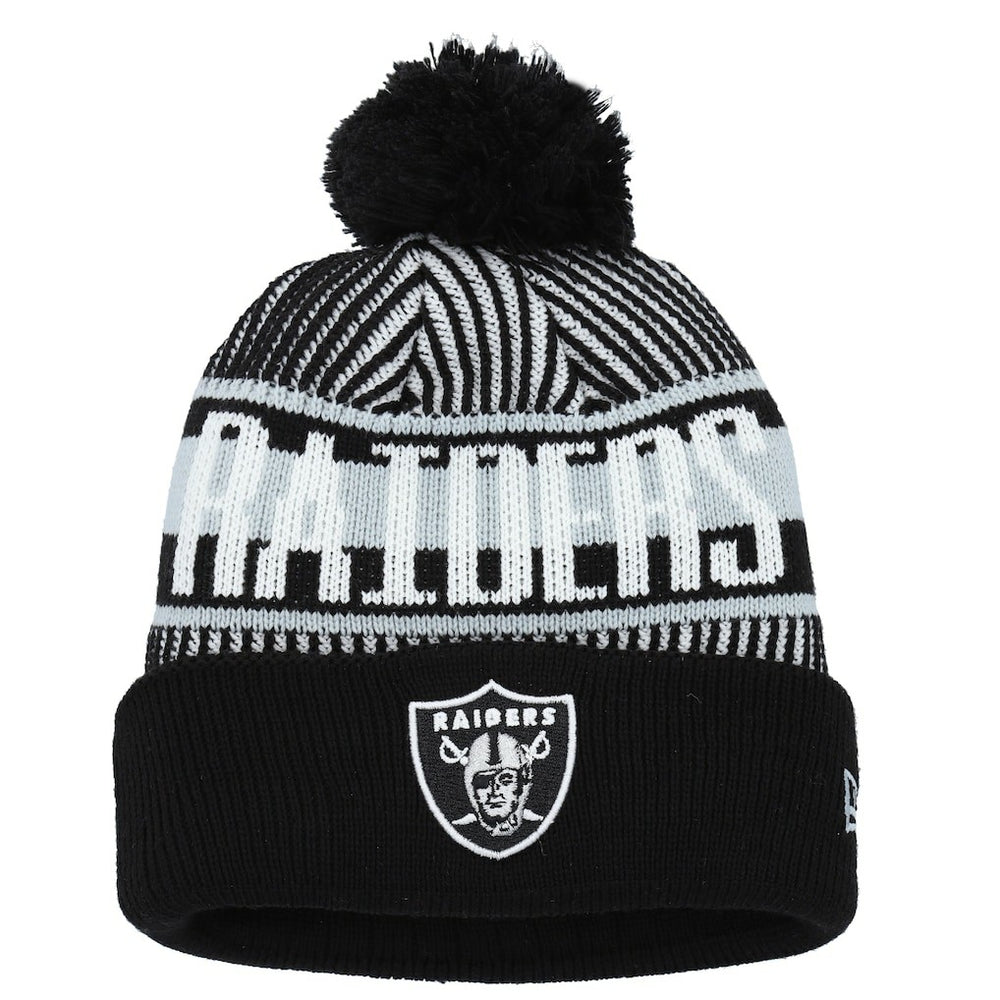 Las Vegas Raiders New Era Youth Striped Cuffed Knit Hat with Pom - Black sale
