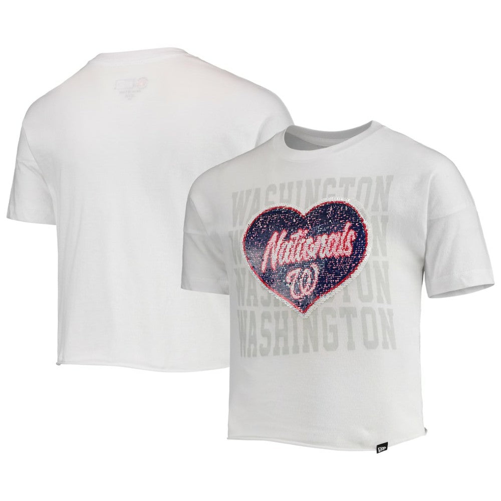 Washington Nationals Girls Youth Flip Sequin Heart Crop Top - White | New Era