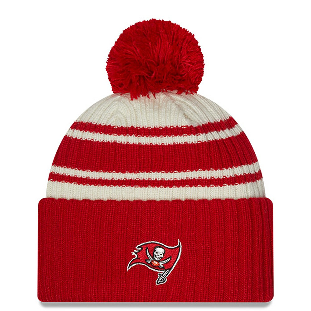 Tampa Bay Buccaneers New Era 2022 Sideline Sport Cuffed Pom Knit Hat - Cream/Red online