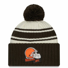 Cleveland Browns New Era Youth 2022 Sideline Sport Cuffed Pom Knit Hat - Cream/Brown cheap
