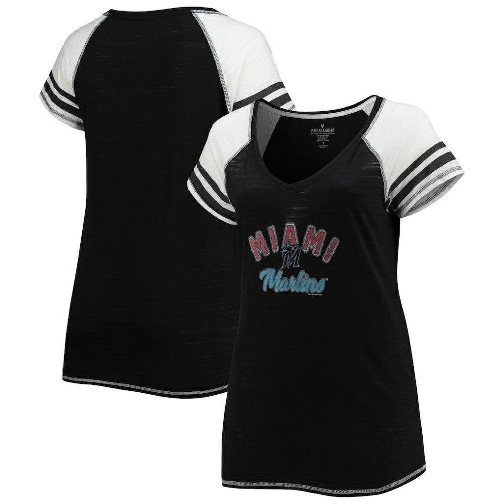 Miami Marlins Soft as a Grape Women's Curvy Color Block Tri-Blend Raglan V-Neck T-Shirt - Black
