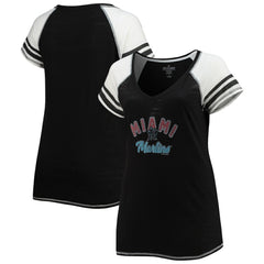 Miami Marlins Soft as a Grape Women's Curvy Color Block Tri-Blend Raglan V-Neck T-Shirt - Black