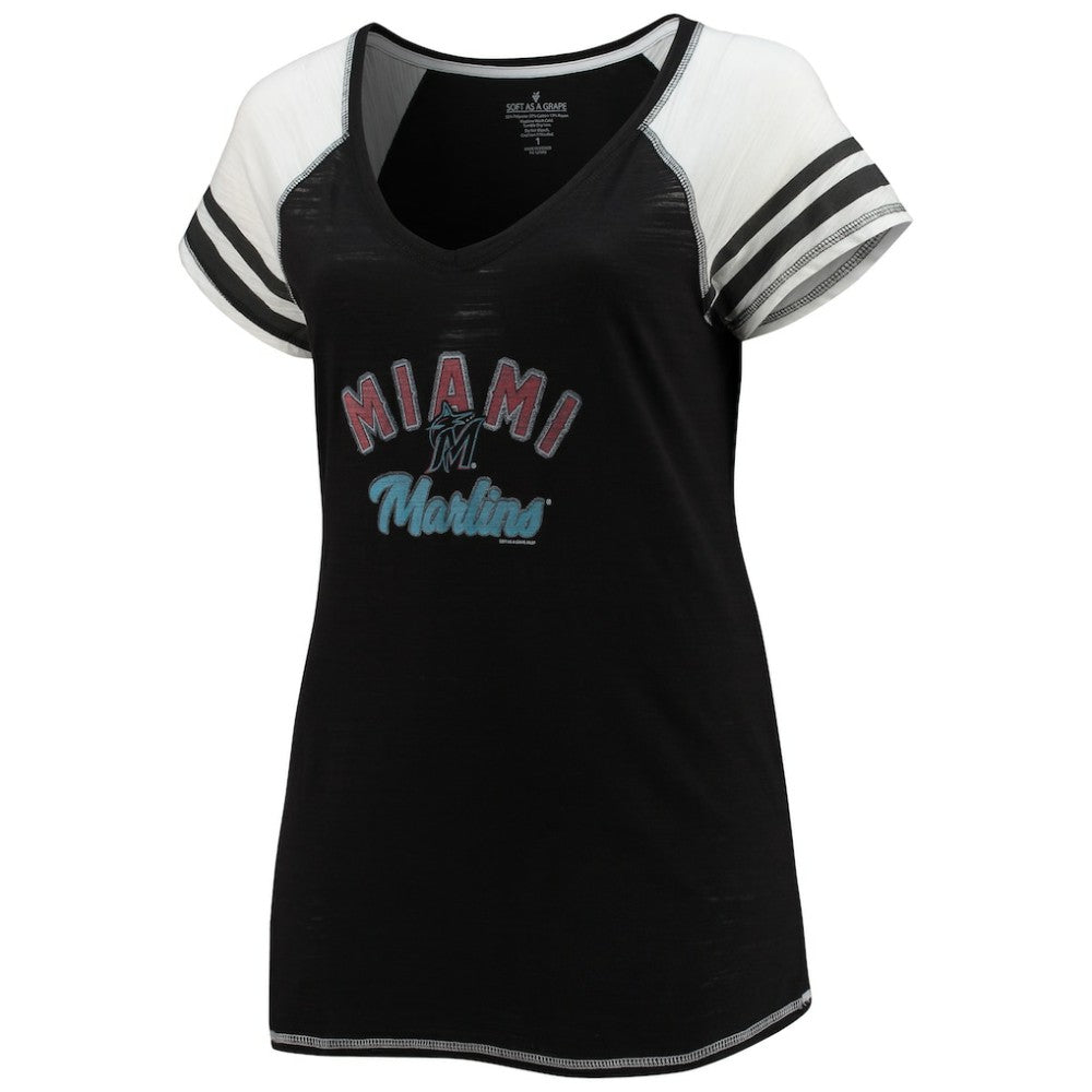Miami Marlins Soft as a Grape Women's Curvy Color Block Tri-Blend Raglan V-Neck T-Shirt - Black